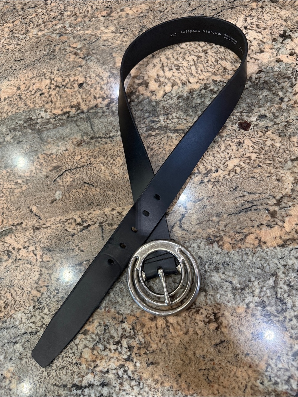 Silpada Black Leather Belt with Double Silver Ring Buckle